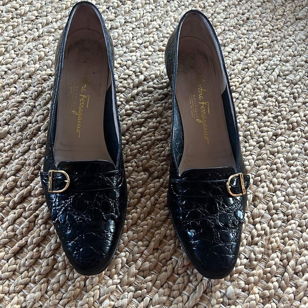 Salvatore Ferragamo Sz 9 A3 Black Crocodile Embossed Leather Loafers